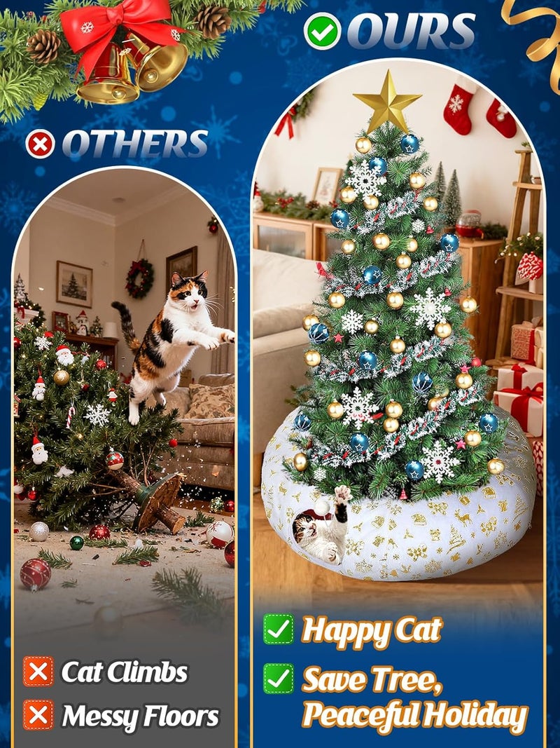 Beeplove Cat Tunnel Christmas Tree Skirt - White & Golden Cat Donut Bed, Christmas Tree Protector from Cats, Xmas Cat Gifts Accessories - Image 2